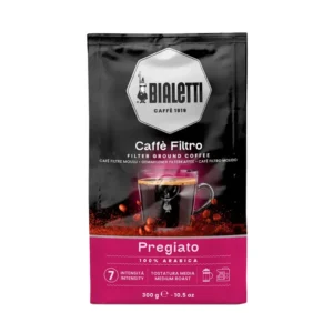 Café Bialetti Pregiato, 100% arábica, molido para filtrado, con notas de flores y frutos secos, ideal para Prensa Francesa.