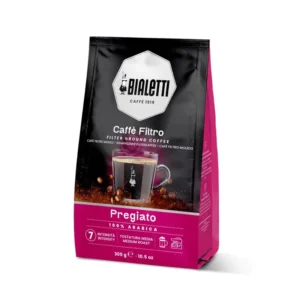 Café Bialetti Pregiato, 100% arábica, molido para filtrado, con notas de flores y frutos secos, ideal para Prensa Francesa.