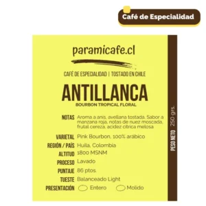 Café de Especialidad. 100% Arábica, variedad Pink Bourbon, con notas de mango, miel y toronja. Tostado en Chile, 250g.