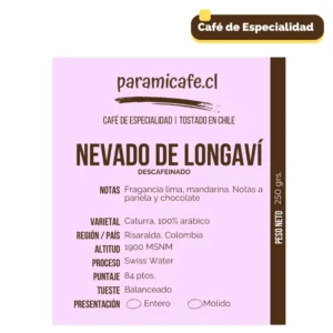 Café de especialidad descafeinado, 100% Arábico, con notas de lima, mandarina, panela y chocolate. Bolsa de 250 grs.