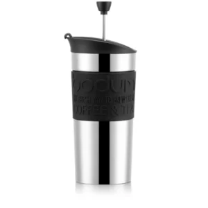 Mug Prensa Francesa de acero inoxidable con tapa negra, ideal para café o té en movimiento, mantiene la temperatura y es fácil de limpiar.