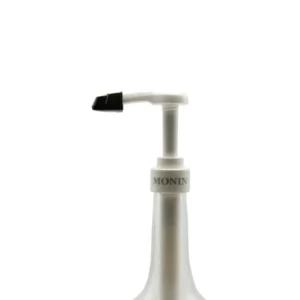 Dosificador con tapa para botellas Monin de 750 ml, sobre fondo blanco, perfecto para bebidas y café.