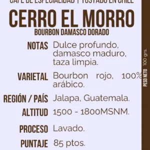 Café de Especialidad Guatemala Jalapa, 100% arábico, con notas de damasco maduro y un puntaje de 85. Tueste balanceado.