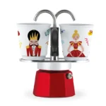 Moka Mini 2 tazas, con dos vasos de café decoradas con un Cascanueces y una bailarina, parte de una edición limitada navideña en rojo.