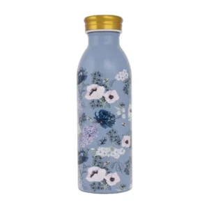 Botella térmica Bridgerton con diseño floral azul y blanco y tapa dorada, perfecta para un toque chic en cualquier lugar.