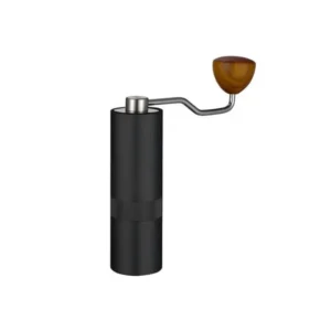Detalle de la piezas del Molinillo de café manual negro con un elegante mango de madera, perfecto para disfrutar café fresco en cualquier lugar.