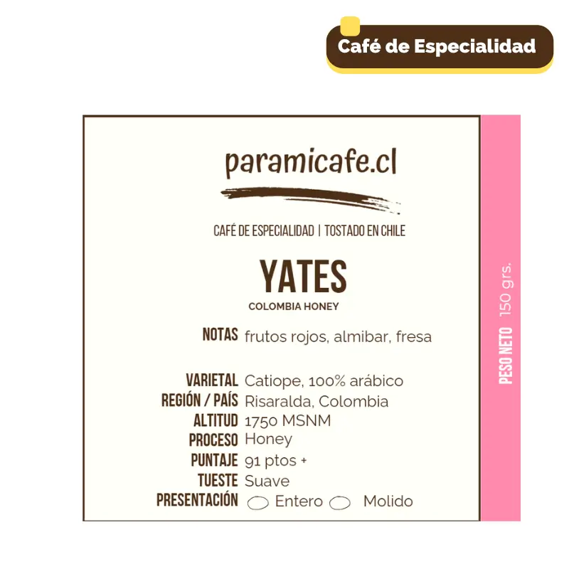 Etiqueta Yates Café Honey 150grs Etiqueta Etiqueta del Café de Especialidad Honey, 100% arábico, y un puntaje de 91 puntos. Presentación de 150 gramos.